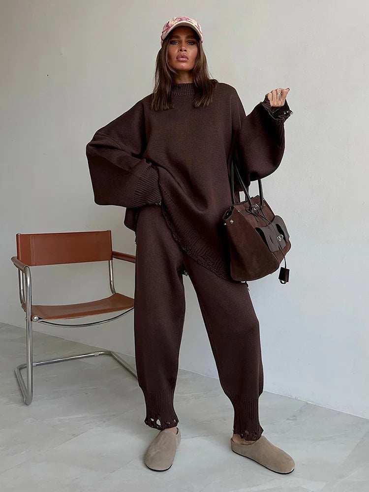 DEAT Fashion Knitted 2 Piece Set Women's Round Neck Loose Ripped Sweater High Waist Loose Pants Suit Autumn New