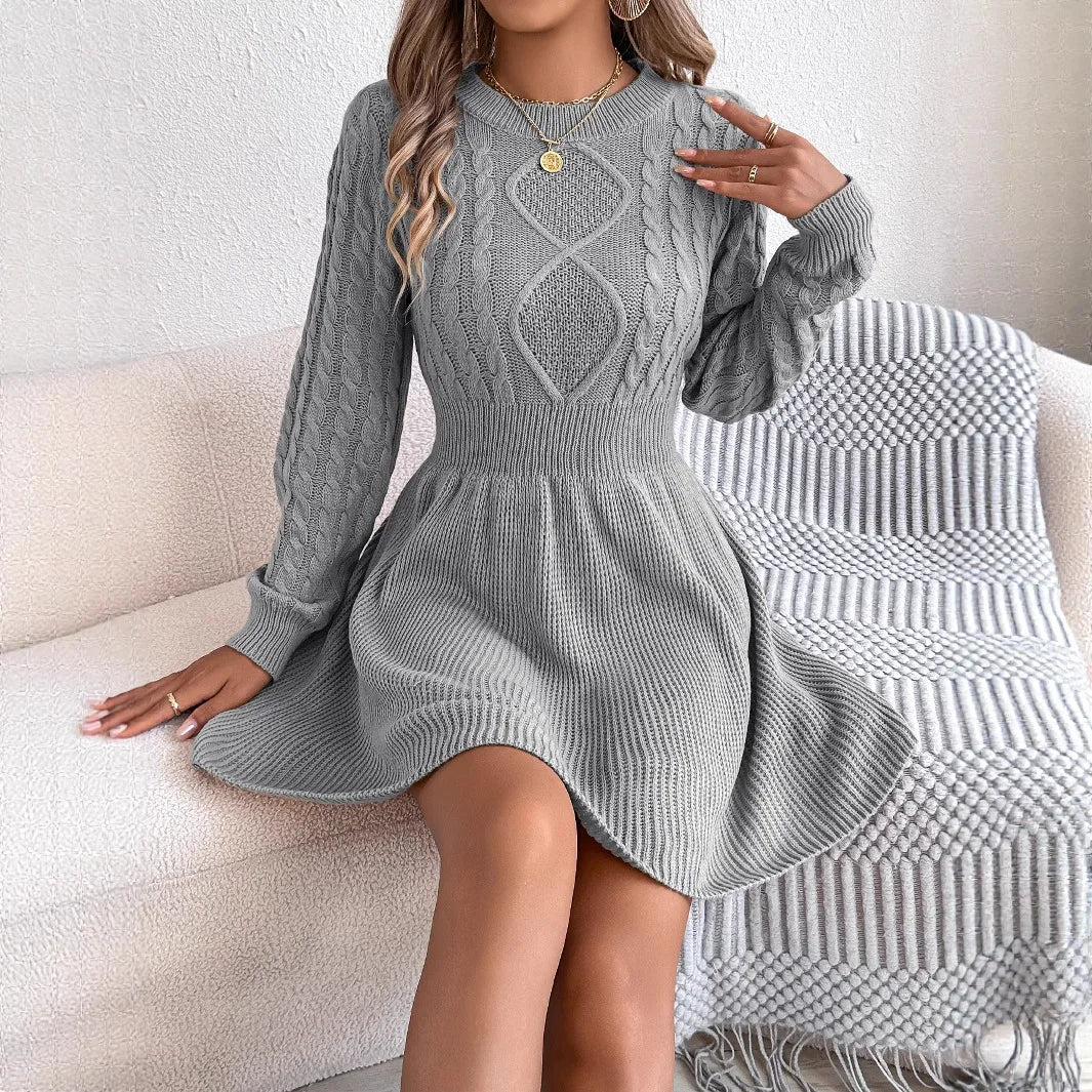 New Women's Cable Knit Sweater Dress A-Line Belted Bubble Sleeve Dress Winter Tight Waist Dress