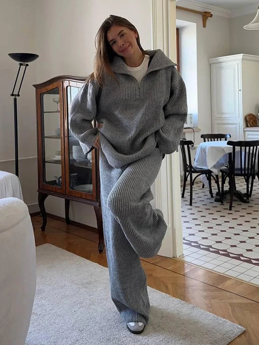 Wolfeel Women's New Autumn Winter Collared Half Zip Ribbed Knit 2-Piece Set Oversized Wide Leg Pants Fashion Sweater Suit