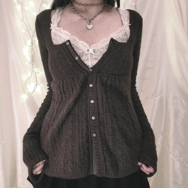 2000s Vintage Long Sleeve Babydoll Knitted Sweater Tops Cottage Milkmaid Pullovers Aesthetic Grunge Y2k Knitwear T-shirts Women