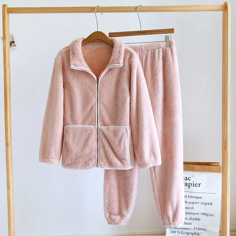 Winter New Couple Sleepwear Set Flannel Zipper Long Sleeve Pants Two Piece Coral Plush Thickened Men's and Women's Home Fur