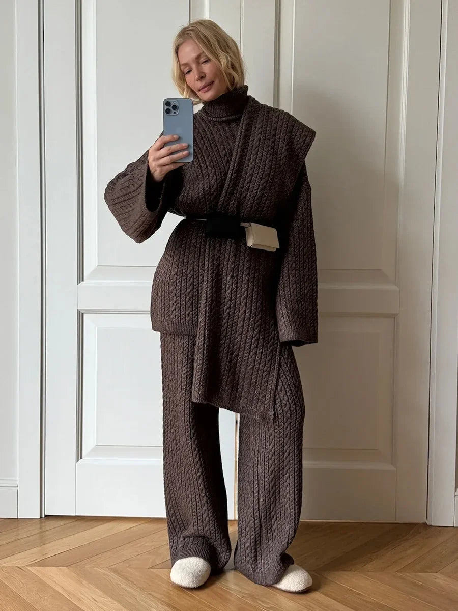Blubelle Women's New Autumn Winter Fashion Cable Knit Sweater Wide Leg Pants Set Soft Wool Blend High Neck Pullover Loose Fit