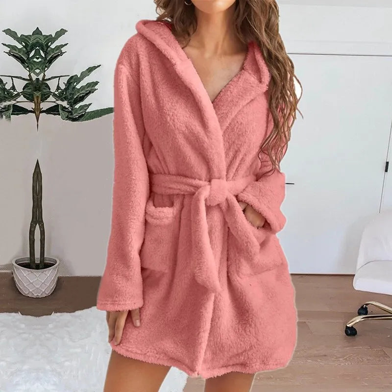 Winter Women Bath Robe Fluffy Plush Pyjamas Ladies Sexy Hooded Dressing Solid Color Gown Warm Bathrobe Female loungewear
