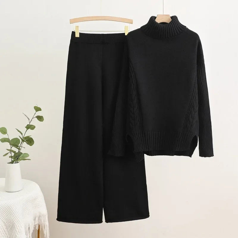 Women Turtleneck Knit Sweater Pullover Tops Conjuntos Casual Elastic Waist Sweatpants Outfit Fall Winter Knitted 2 Piece Sets