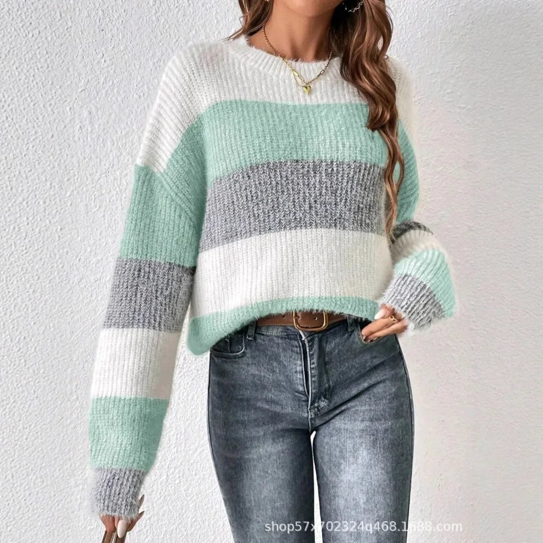 Casual Loose Striped round Neck Women's Sweater Thick Winter Knitted Top French Style Shoulder Loose Autumn Winter Sweater