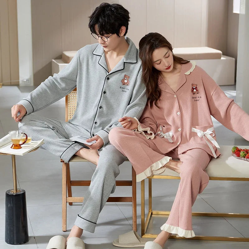 Autumn Couple Pijamas Set For Men Women Cotton Kimono Homewear Man Pjs Female Pijamas Suit Pyjamas Home Clothes Drop Ship