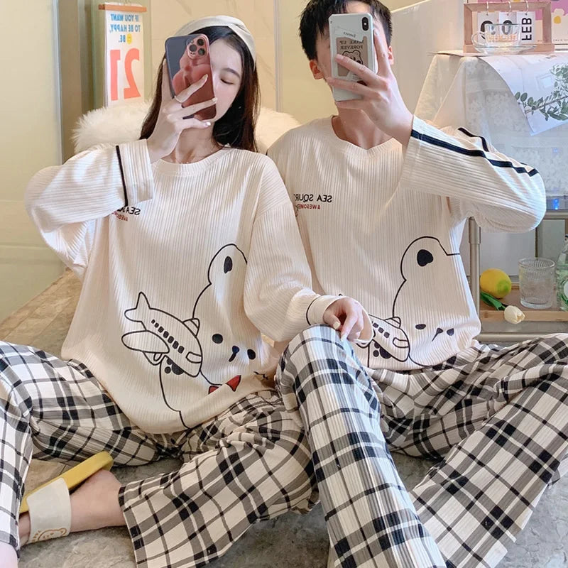 Couple's Pijama Sets M-3XL Autumn Spring Pajamas Lovely Cartoon Sleepwear Cotton Pyjamas For Women Man Top Pant Leisure Outwear