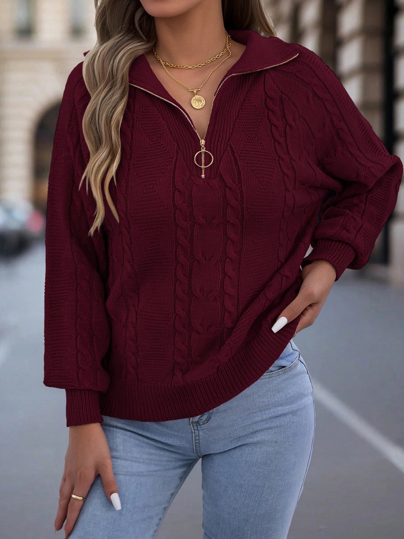 Women's Casual Turn Down Collar Half Zipper Sweaters Autumn Winter Lantern Long Sleeve Twist Knitted Tops Orange Khaki Red