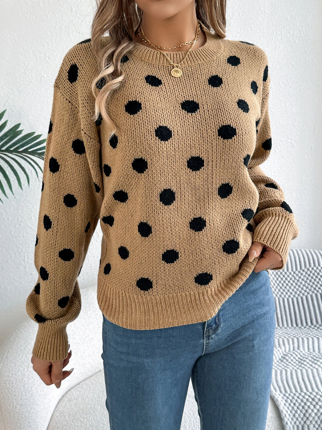 Autumn Winter Fashion Polka Dot Pattern Knitted Sweaters Women Casual Round Neck Lantern Long Sleeve Pullover