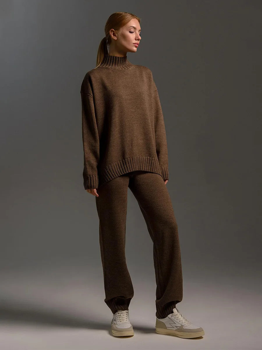 Blubelle Women's Autumn Winter Knit Pullover Sweater Pants Set Mock Neck Loose Fit Soft Cozy Trendy Elastic Waist Fashion Set