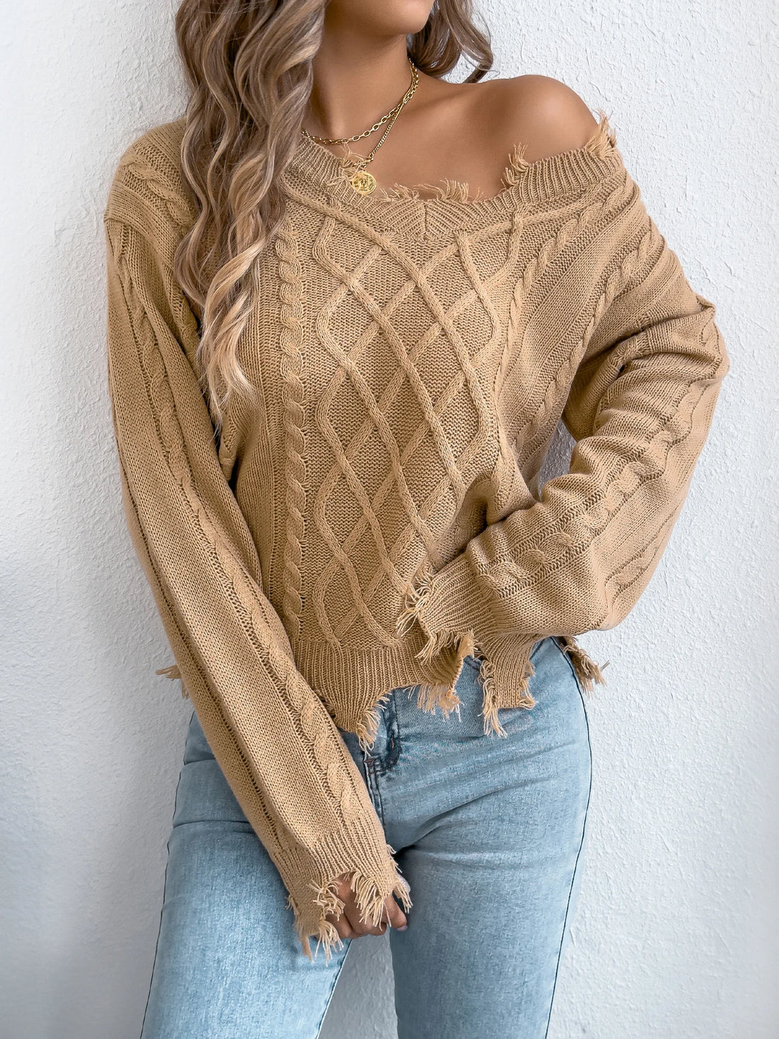 Women's V Neck Ripped Tassel Sweaters 2025 Autumn Winter Casual Solid Color Lantern Long Sleeve Twist Knitted Tops Orange Red