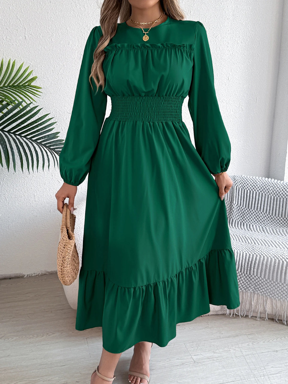 Autumn and Winter Casual Elegant Solid Color Round Neck Long Sleeved Waist Cinched Lotus Leaf Edge Dress Women Clothing