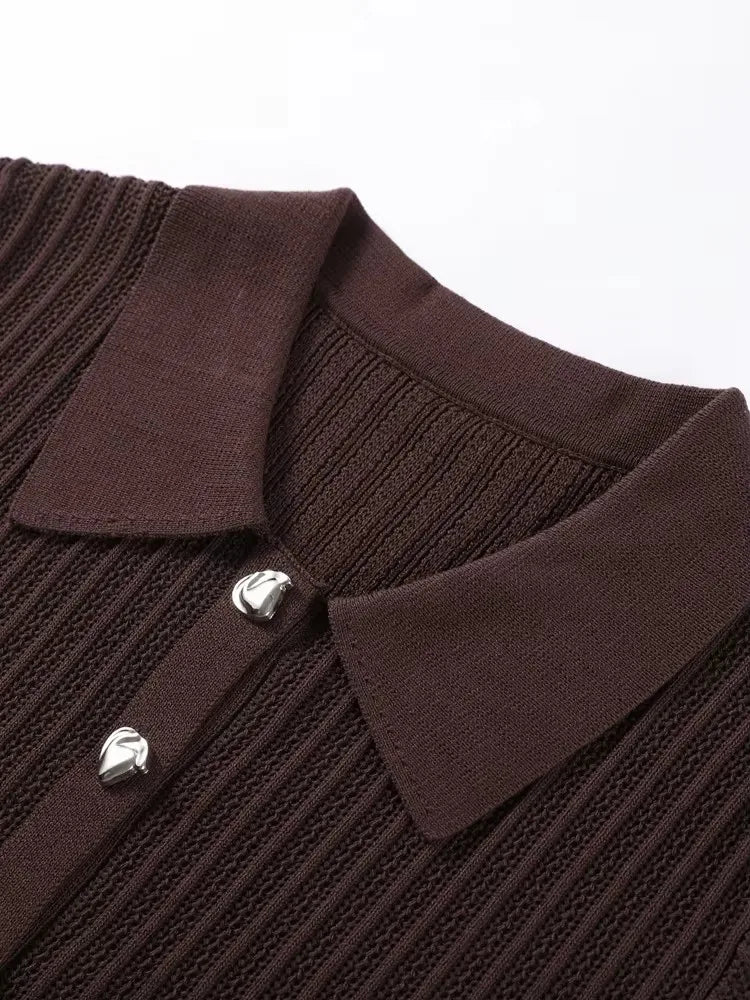 Knitted Pants Set Women Solid Turn Down Collar Half Sleeve Tops Elastic Waist Straight Trousers Spring Chic Lady Outfits