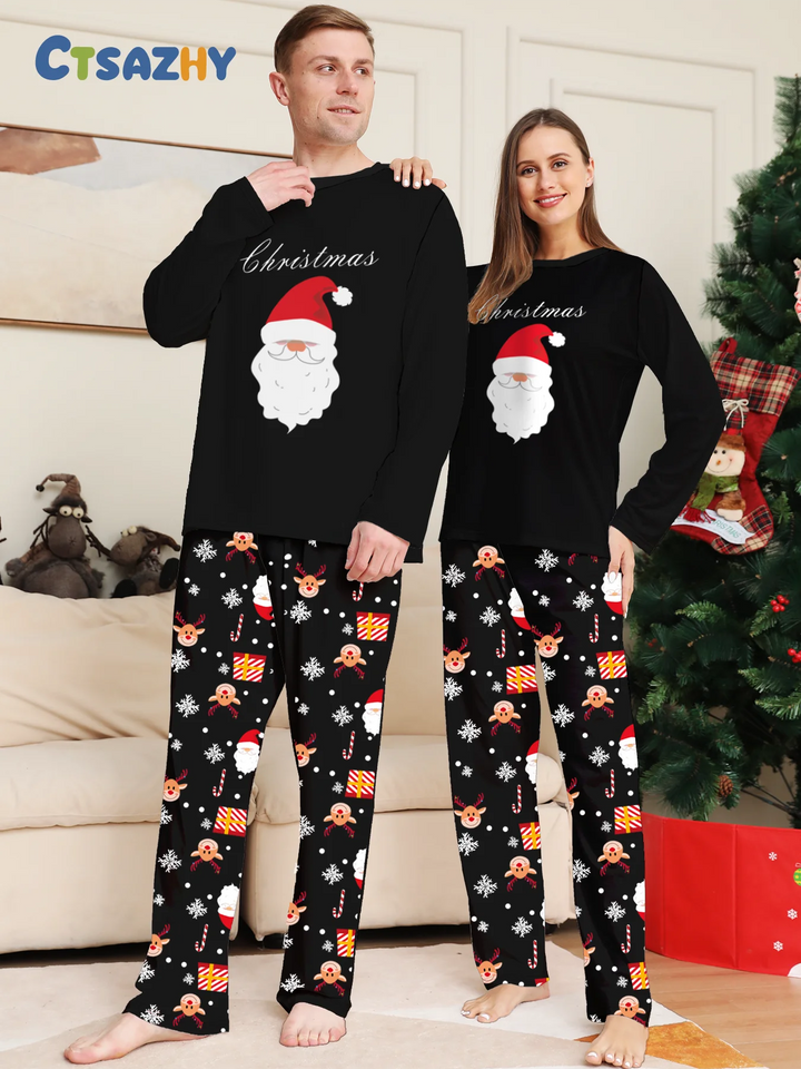 Merry Christmas Couple Pajamas - Long Sleeve Black Santa Print & Festive Pattern Pants Set