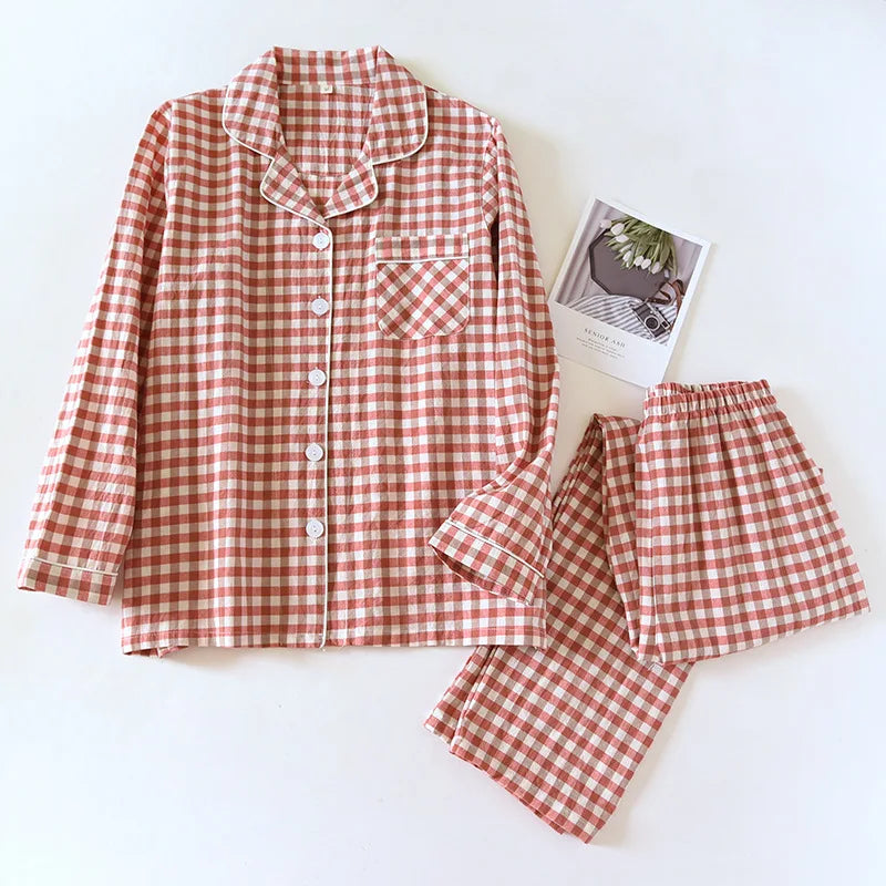 2026 New Japanese Spring and Autumn Couple Pajama Set 100% Cotton Men's and Women's Plaid Long Sleeve Two Piece Home Furnishing