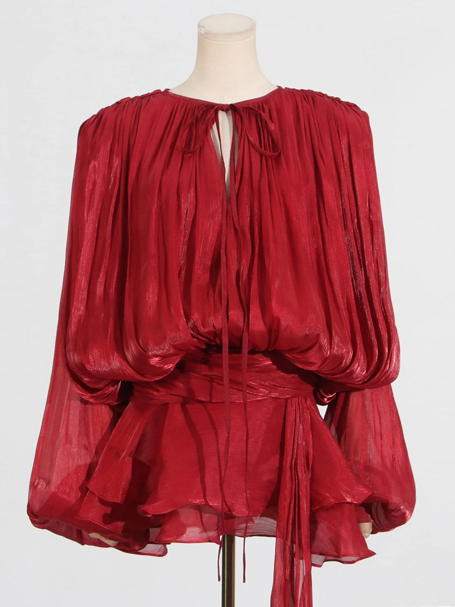 GALCAUR Solid Loose Splicd Lace Up Dresses For Women V Neck Long Sleeves Patchwork Ruffles Tunic Dreses Female Fashio New