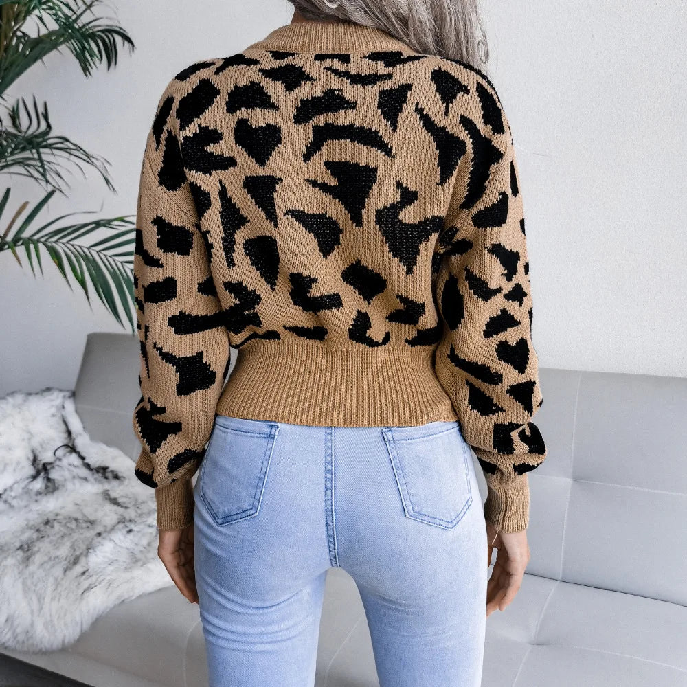 Autumn Winter Leopard Pattern Sweater Casual Women 2025 Round Neck Long Sleeve Knitted Short Pullover