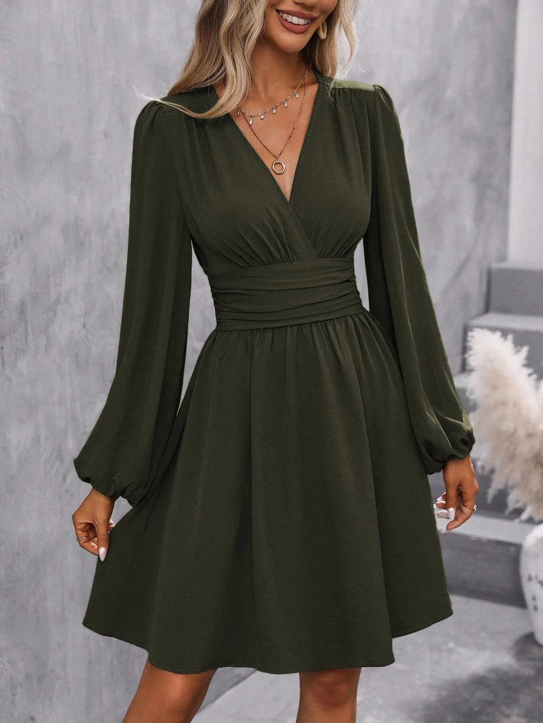 Asymmetric Neck Lantern Sleeve Dress Women Winter Knit Dress with Waist Shirring Bodycon Long Maxi Dress