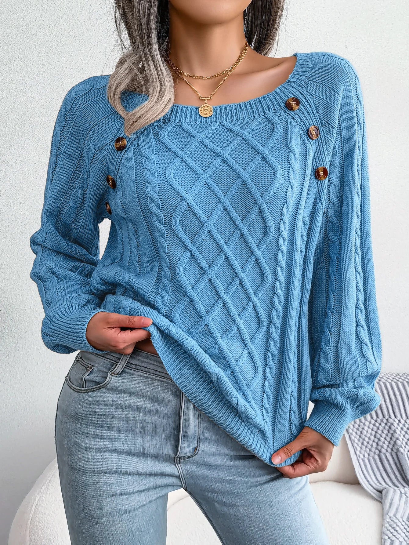 Women Casual Square Collar Buttons Long Sleeve Knitted Pullover Sweaters for Autumn Winter