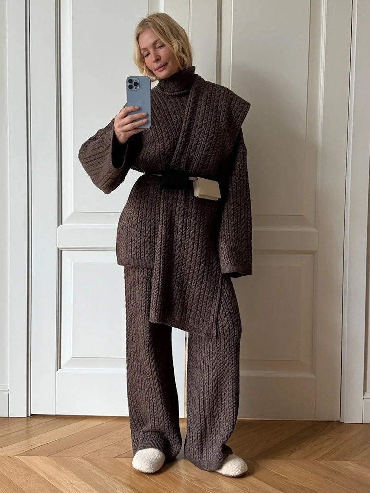Blubelle Women's New Autumn Winter Fashion Cable Knit Sweater Wide Leg Pants Set Soft Wool Blend High Neck Pullover Loose Fit