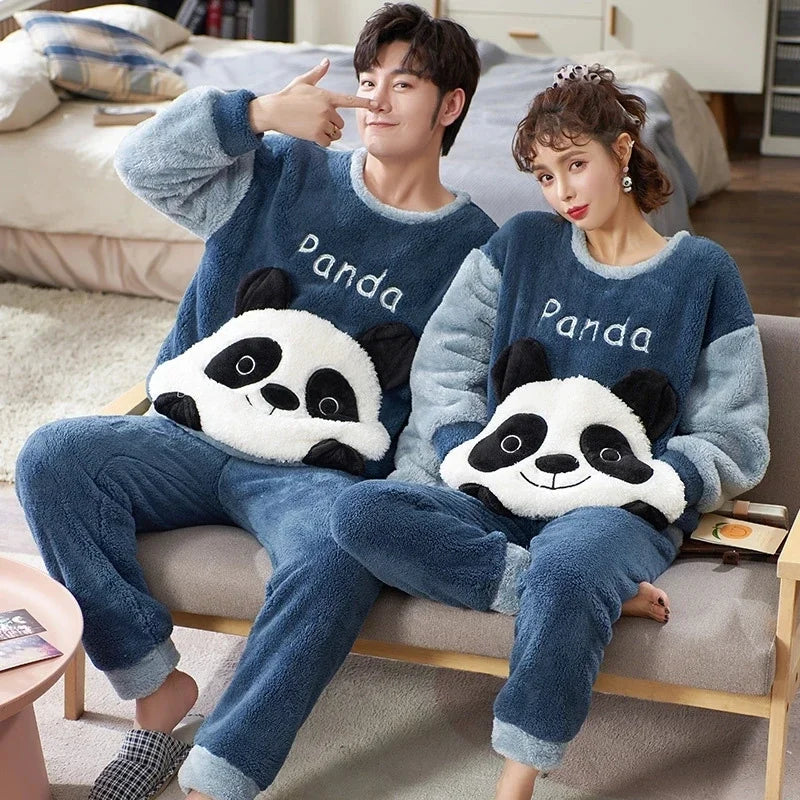 Couples Pajamas Women Men Winter Thicken Pyjamas Sleepwear Cartoon Dinosaur Korean Lovers Homewear Soft Warm Hoodies Pijama