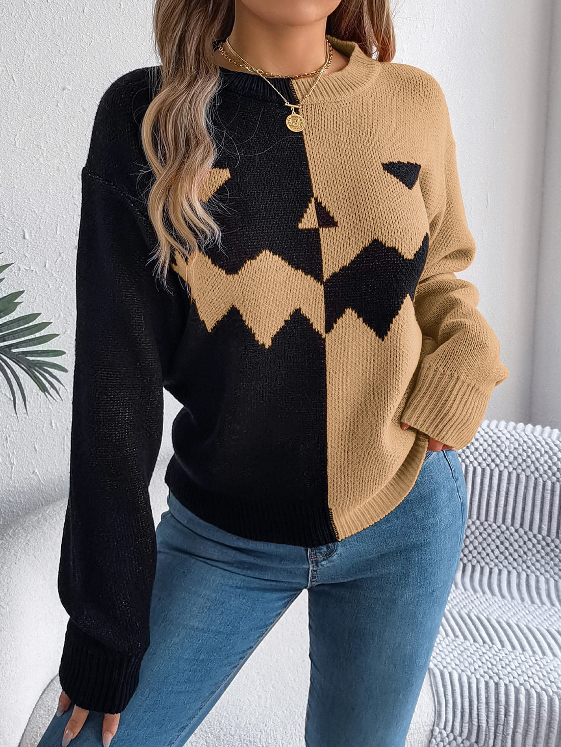Halloween Women's Contrast Color Pumpkin Pattern Sweaters 2025 Autumn Winter Casual Round Neck Long Sleeve Knitted Pullover
