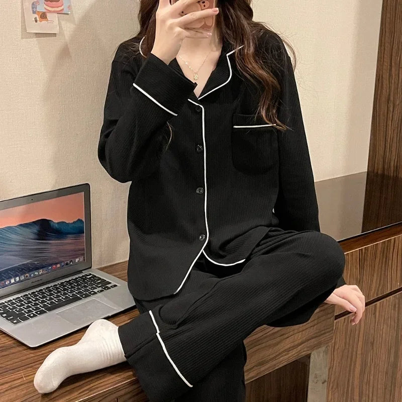 New Women's Solid Color Pyjamas Homewear Suit Girls Long-Sleeved Autumn and Winter Leisure Sleepwear Striped Nightwear