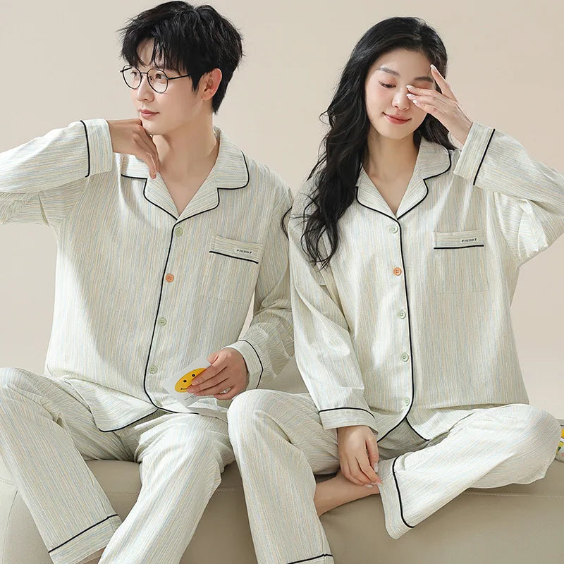 Cotton Couple Pajamas Women Autumn Long sleeve Trouser 2024 New Cardigan Home Wear Men's Suit Outer Wear pijma hombre Dropship
