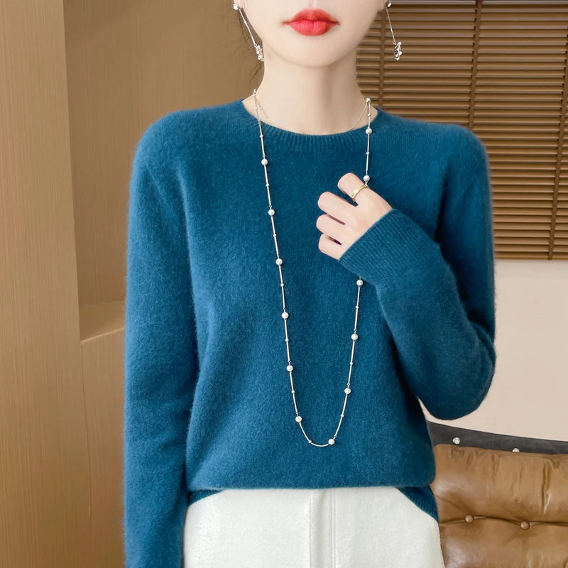 Autumn Winter Women 100% Merino Wool Sweater O-Neck Cashmere Pullover Basic Fashion Clothing Comfort Warm Top Casual Solid