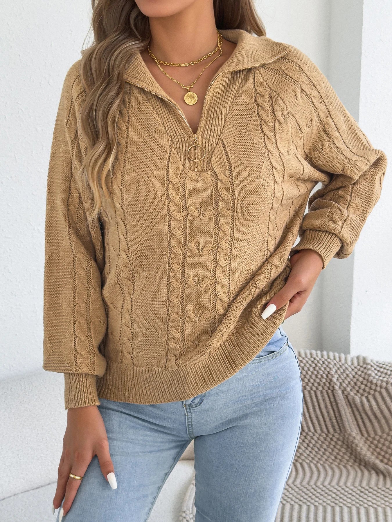 Women's Casual Turn Down Collar Half Zipper Sweaters Autumn Winter Lantern Long Sleeve Twist Knitted Tops Orange Khaki Red