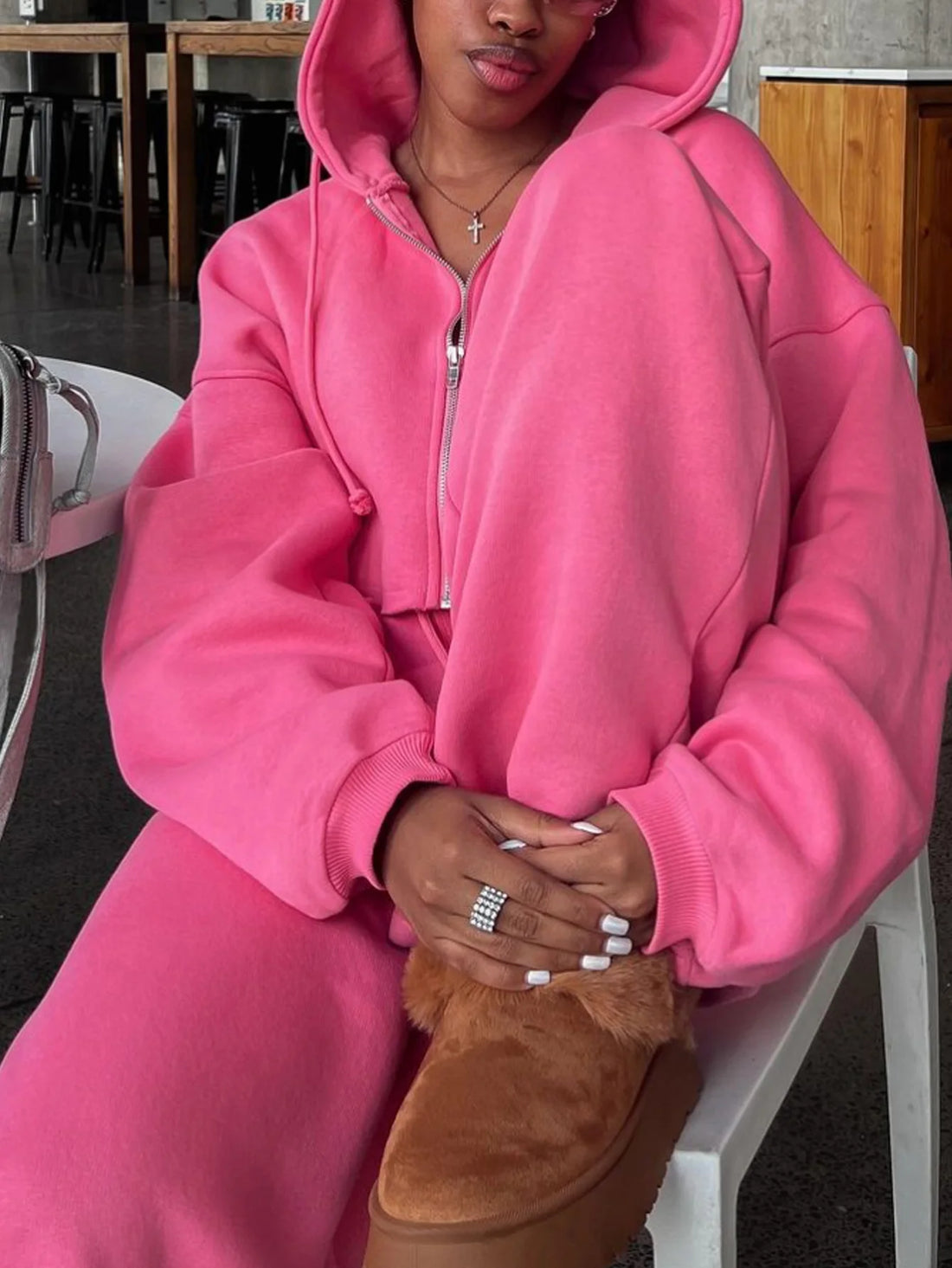 Women Hooded Zip-up Cropped Sweatshirt and Long Pants 2 Piece Sets Autumn Casual Hoodies Sweatpants Suit Tracksuits