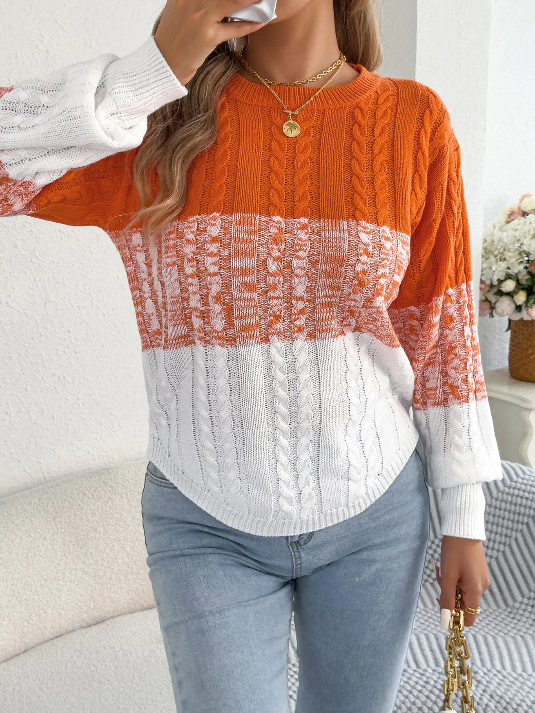 Woman Casual Color Block Striped Sweater Round Neck Lantern Long Sleeve Twist Knitted Tops for 2025 Autumn Winter Women Clothes