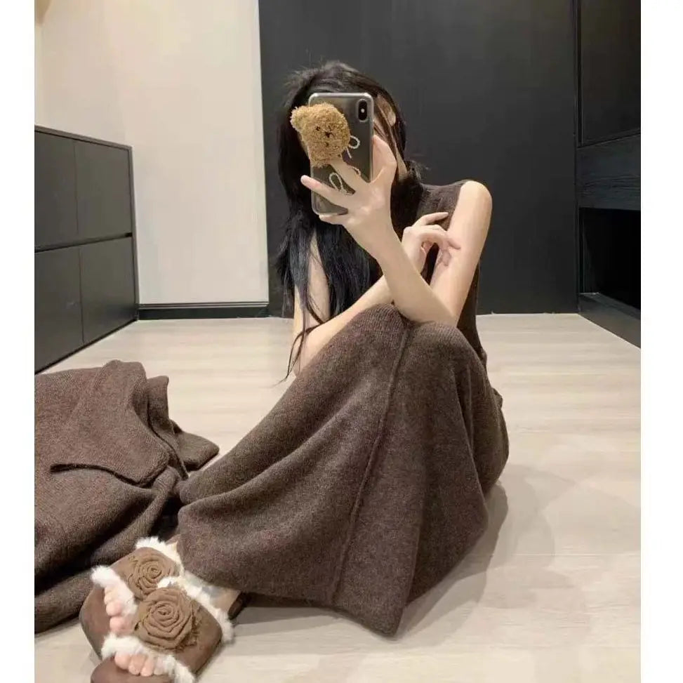 Knitted Cardigan Sleeveless Turtleneck Dress Two-Piece Set for Women Autumn Winter New Warm Mid-Length Sweater Coat Set