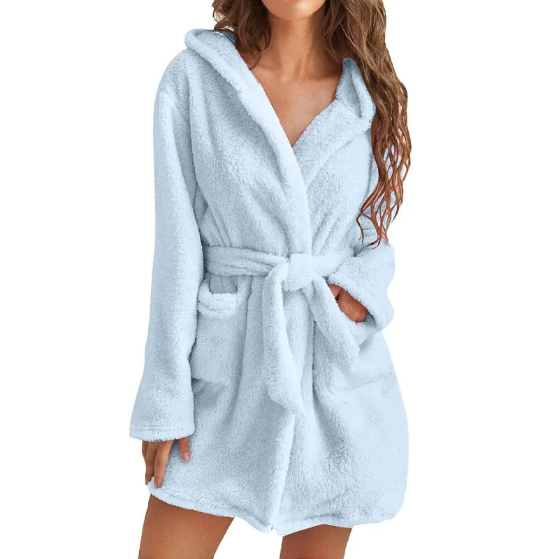 Winter Women Bath Robe Fluffy Plush Pyjamas Ladies Sexy Hooded Dressing Solid Color Gown Warm Bathrobe Female loungewear