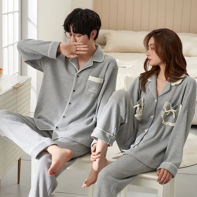 Autumn Couple Pijamas Set For Men Women Cotton Kimono Homewear Man Pjs Female Pijamas Suit Pyjamas Home Clothes Drop Ship