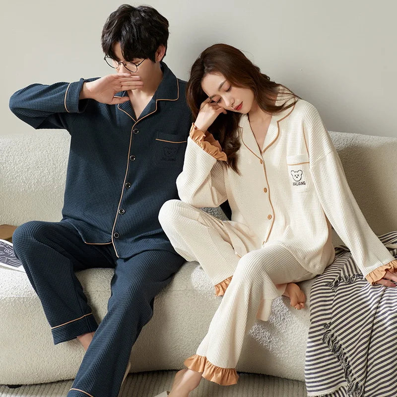 Autumn Couple Pijamas Set For Men Women Cotton Kimono Homewear Man Pjs Female Pijamas Suit Pyjamas Home Clothes Drop Ship