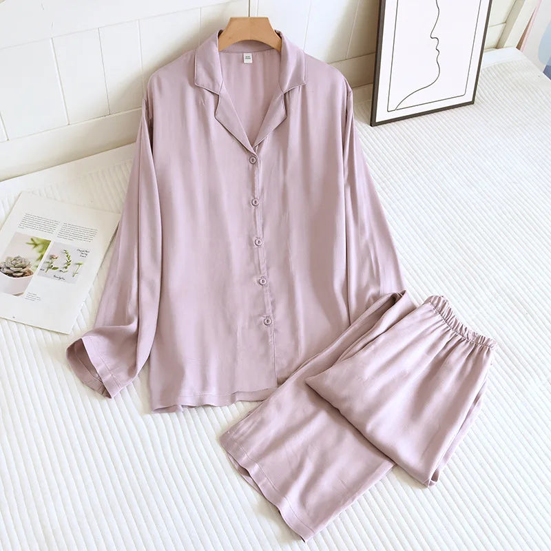 Men and Women's Cotton Silk Pajamas, Thin Satin Home Clothing, Long Sleeved Pants, Spring Pajama Sets, Pure Color, Couple, 2 Pcs