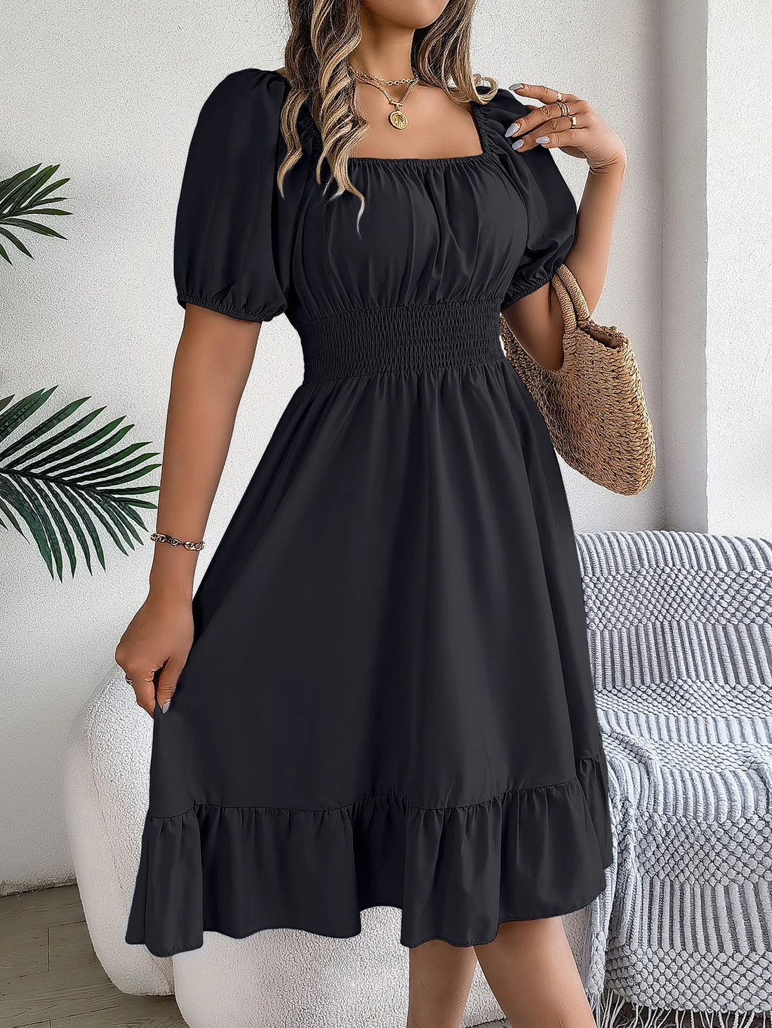 Spring and Summer Elegant High Waisted Dress Square Neck Short Sleeved Ruffled Edge Long Dresses for Women