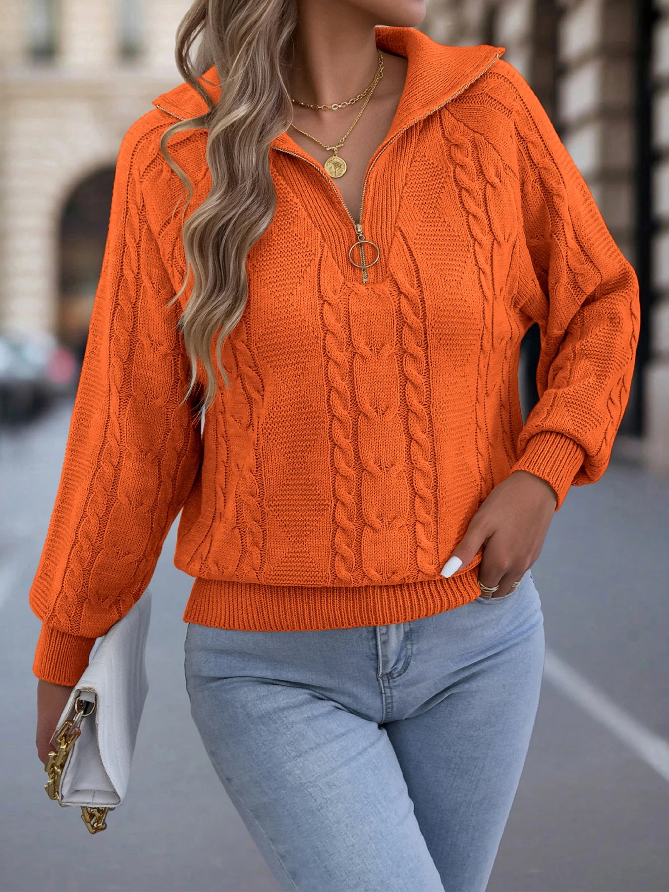 Women's Casual Turn Down Collar Half Zipper Sweaters Autumn Winter Lantern Long Sleeve Twist Knitted Tops Orange Khaki Red