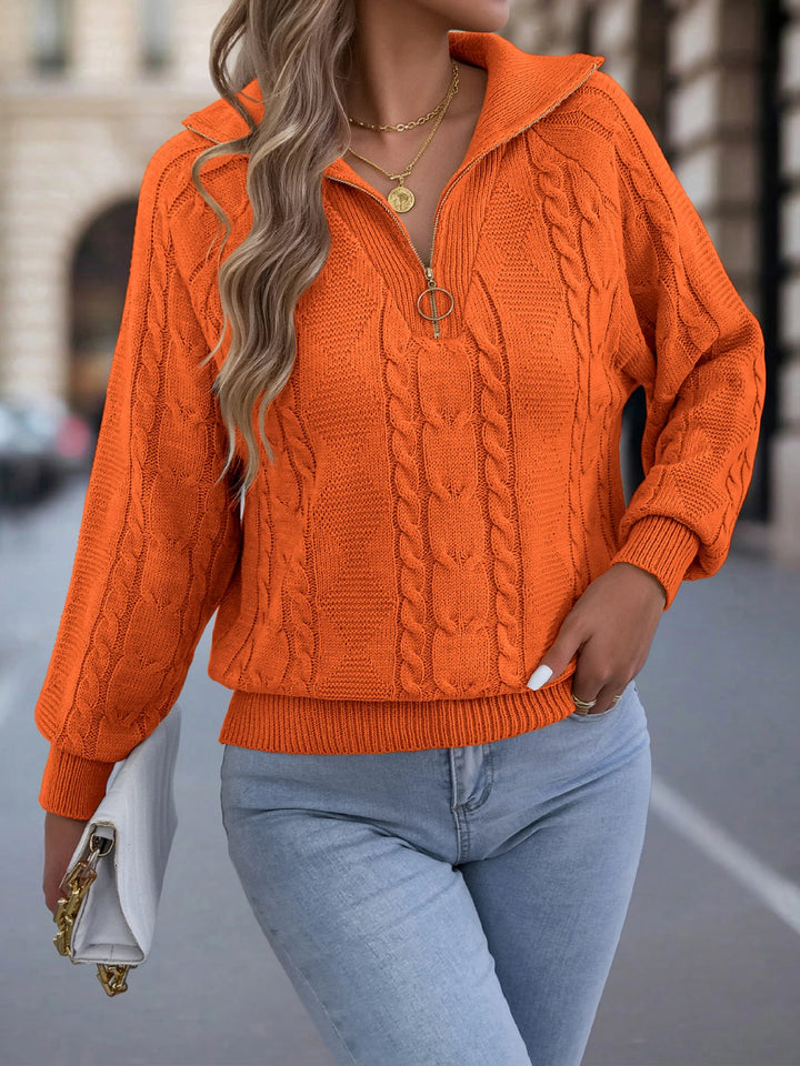 Women's Casual Turn Down Collar Half Zipper Sweaters Autumn Winter Lantern Long Sleeve Twist Knitted Tops Orange Khaki Red
