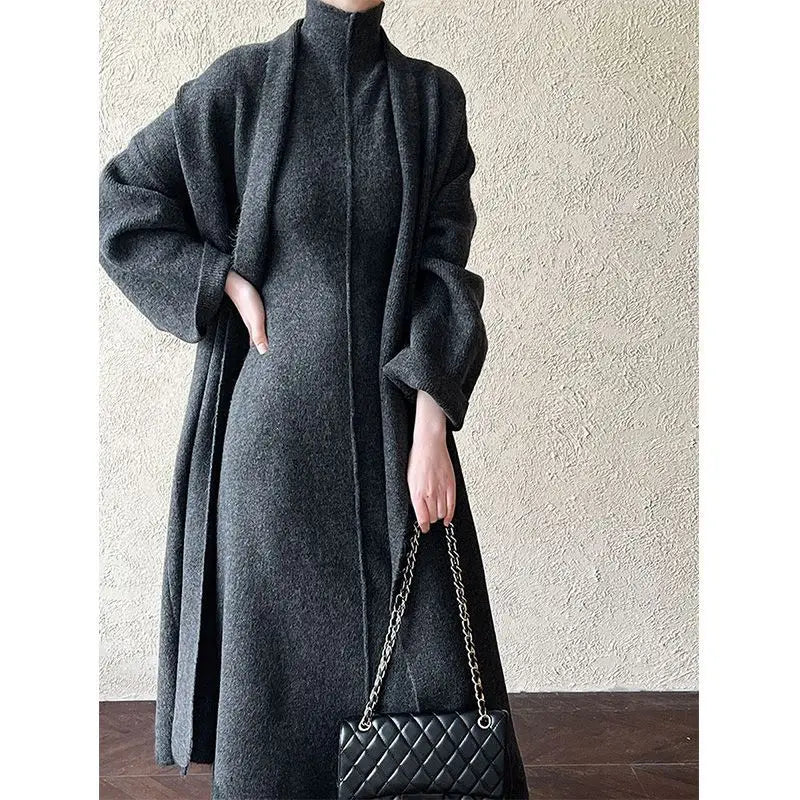 Knitted Cardigan Sleeveless Turtleneck Dress Two-Piece Set for Women Autumn Winter New Warm Mid-Length Sweater Coat Set