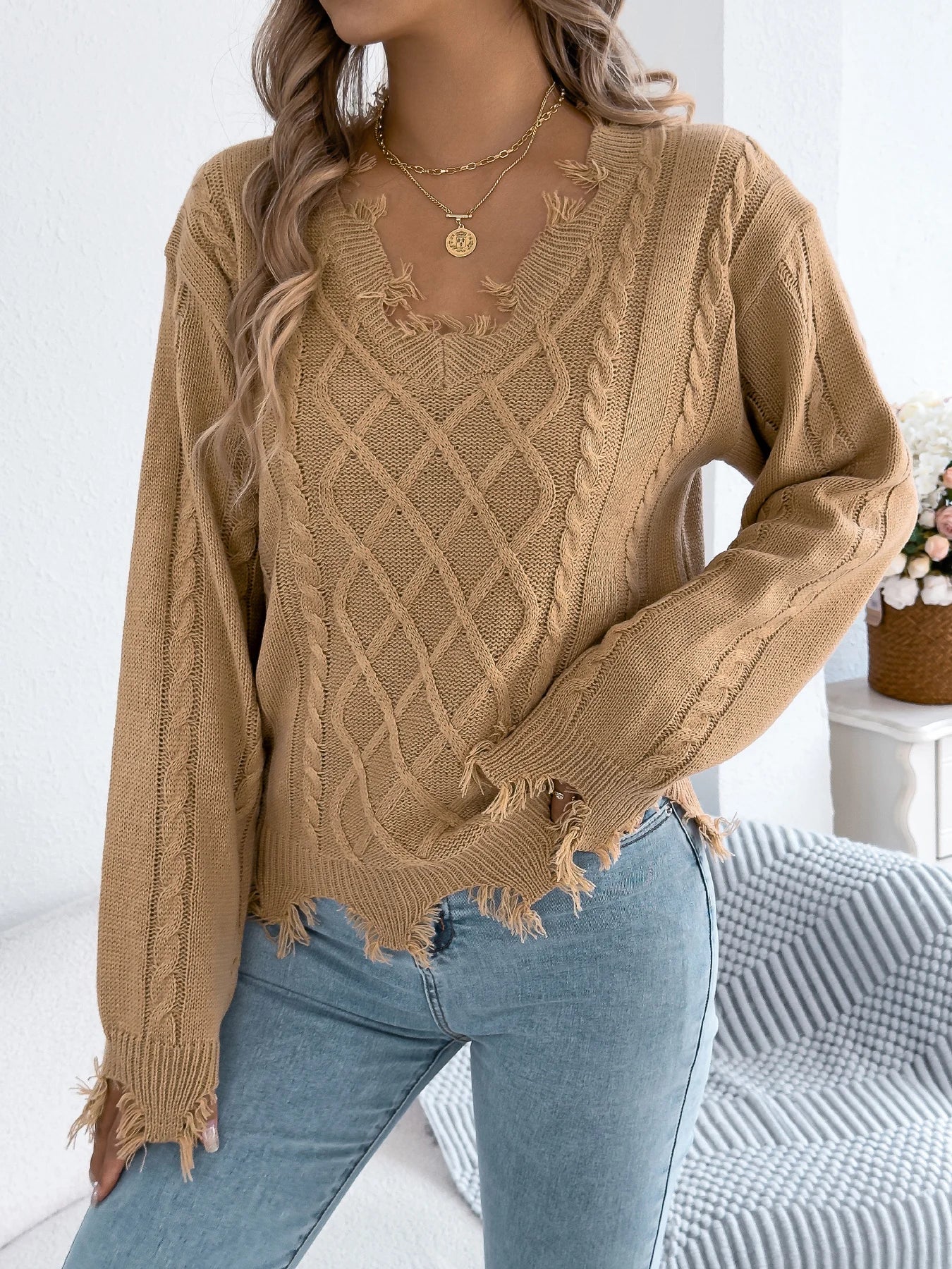 Women's V Neck Ripped Tassel Sweaters 2025 Autumn Winter Casual Solid Color Lantern Long Sleeve Twist Knitted Tops Orange Red