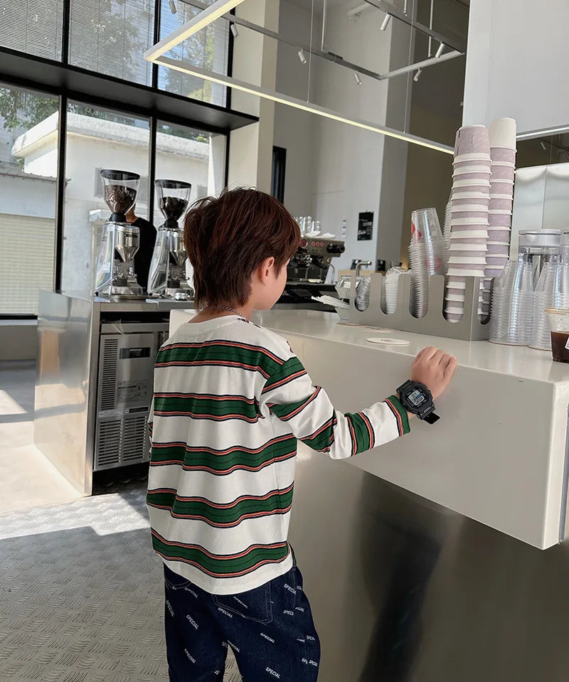autumn Children Clothes Girls Long Sleeves Bottoming Shirts Cool Boys Stripe Cotton T-shirt Teen Loose Casual 2-7y Kids Top