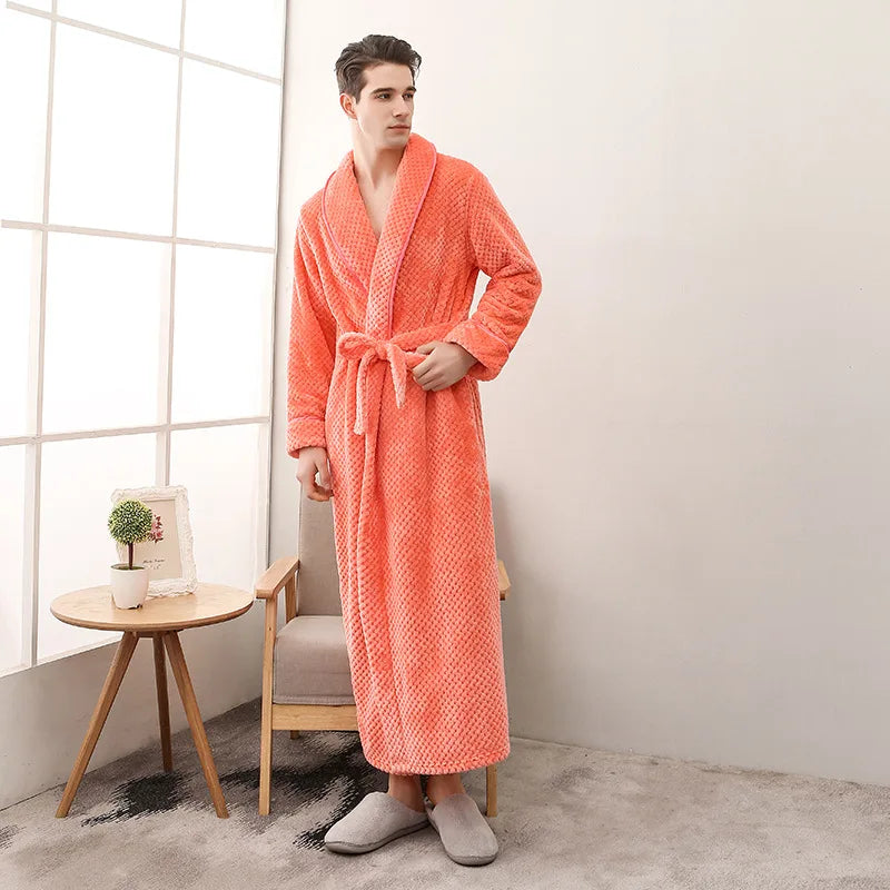 Large Size Flannel Long Robe Autumn Winter Thickened Couple Sleepwear Kimono Bathrobe Gown Nightgown Loose Coral Fleece Homewear