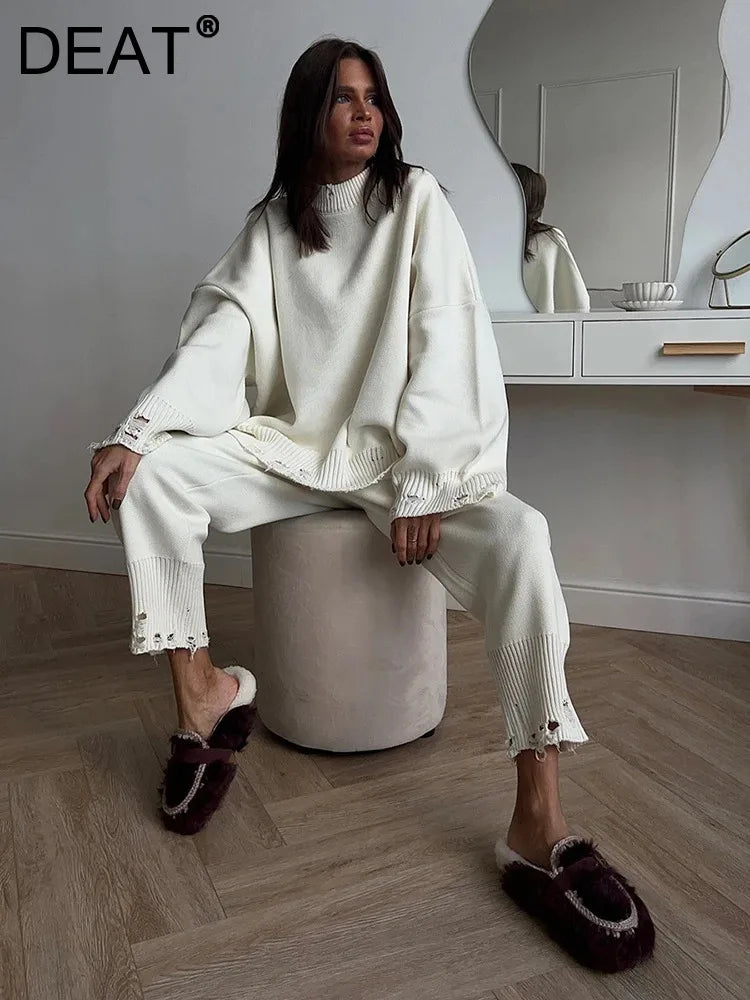 DEAT Fashion Knitted 2 Piece Set Women's Round Neck Loose Ripped Sweater High Waist Loose Pants Suit Autumn New