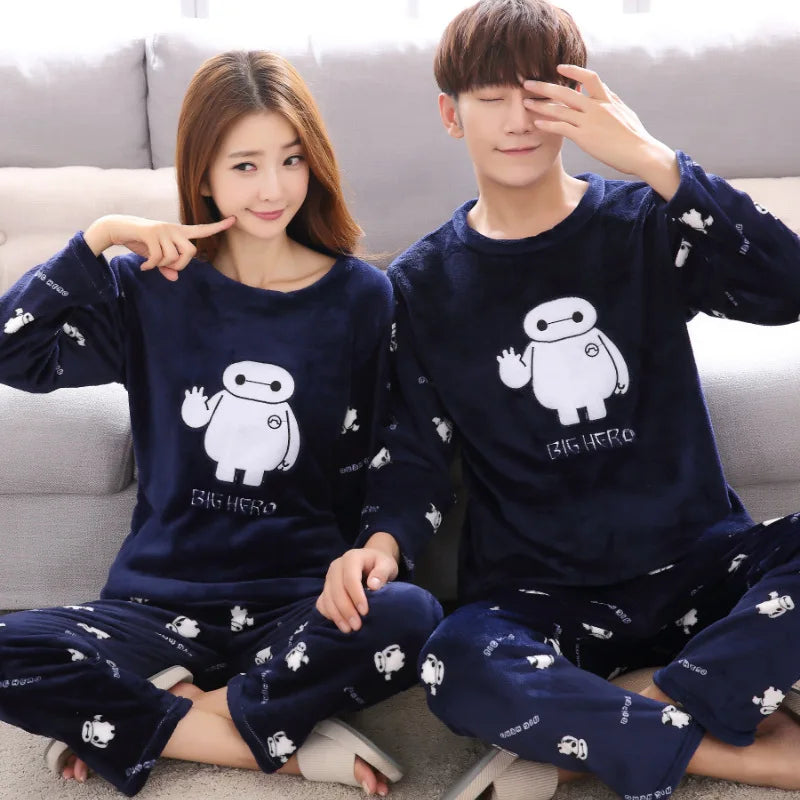 2pcs/Set Fall And Winter Coral Fleece Couple Pajamas Women's Thickened Padded Warm Facecloth Men's Home Wear Clothes top + pants