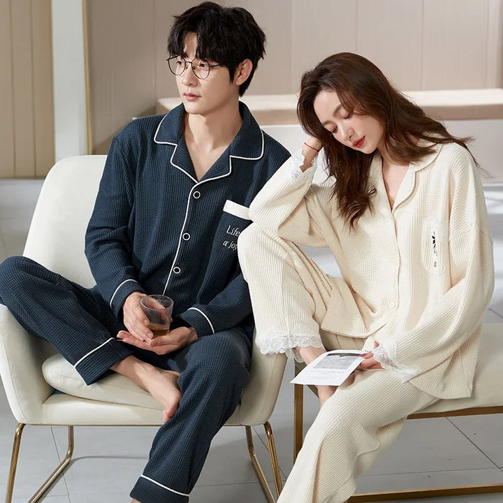 Autumn Couple Pijamas Set For Men Women Cotton Kimono Homewear Man Pjs Female Pijamas Suit Pyjamas Home Clothes Drop Ship