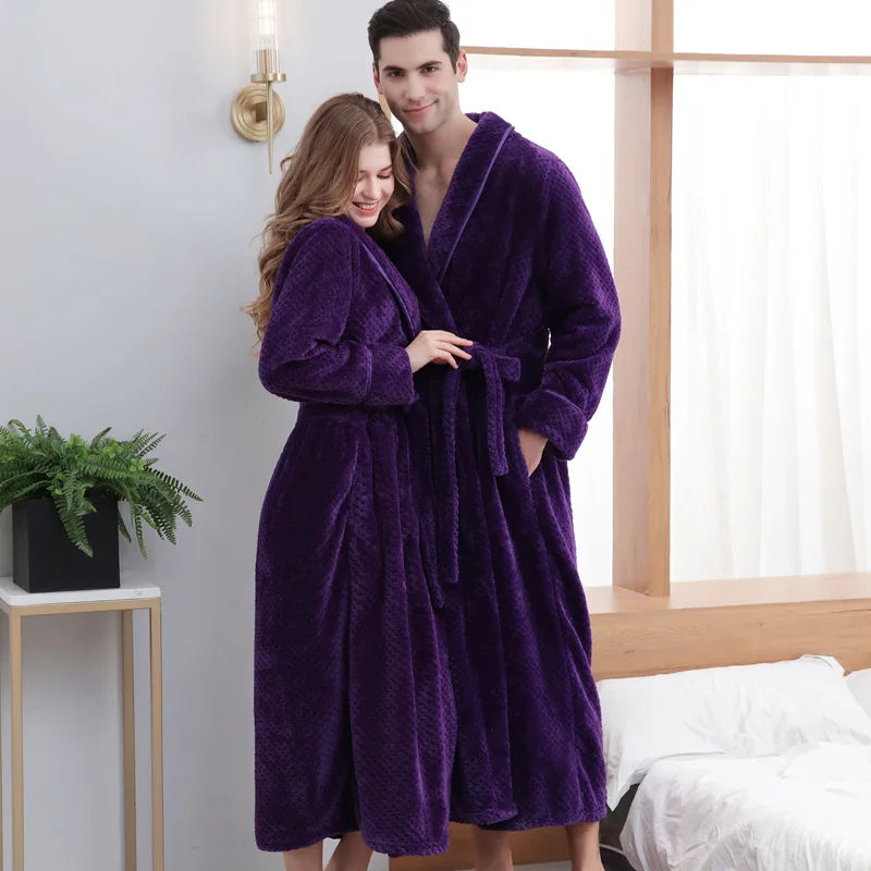 Large Size Flannel Long Robe Autumn Winter Thickened Couple Sleepwear Kimono Bathrobe Gown Nightgown Loose Coral Fleece Homewear