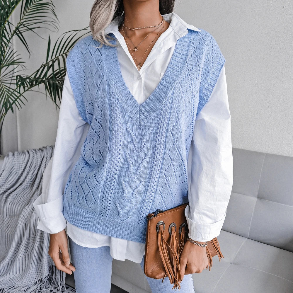 New Fashion Women Knitted Sweater Vest Casual Solid Color Sleeveless Tops Warm Soft Undershirt Loose Pullover Blue Grey