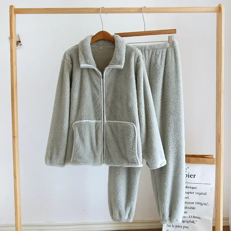 Winter New Couple Sleepwear Set Flannel Zipper Long Sleeve Pants Two Piece Coral Plush Thickened Men's and Women's Home Fur